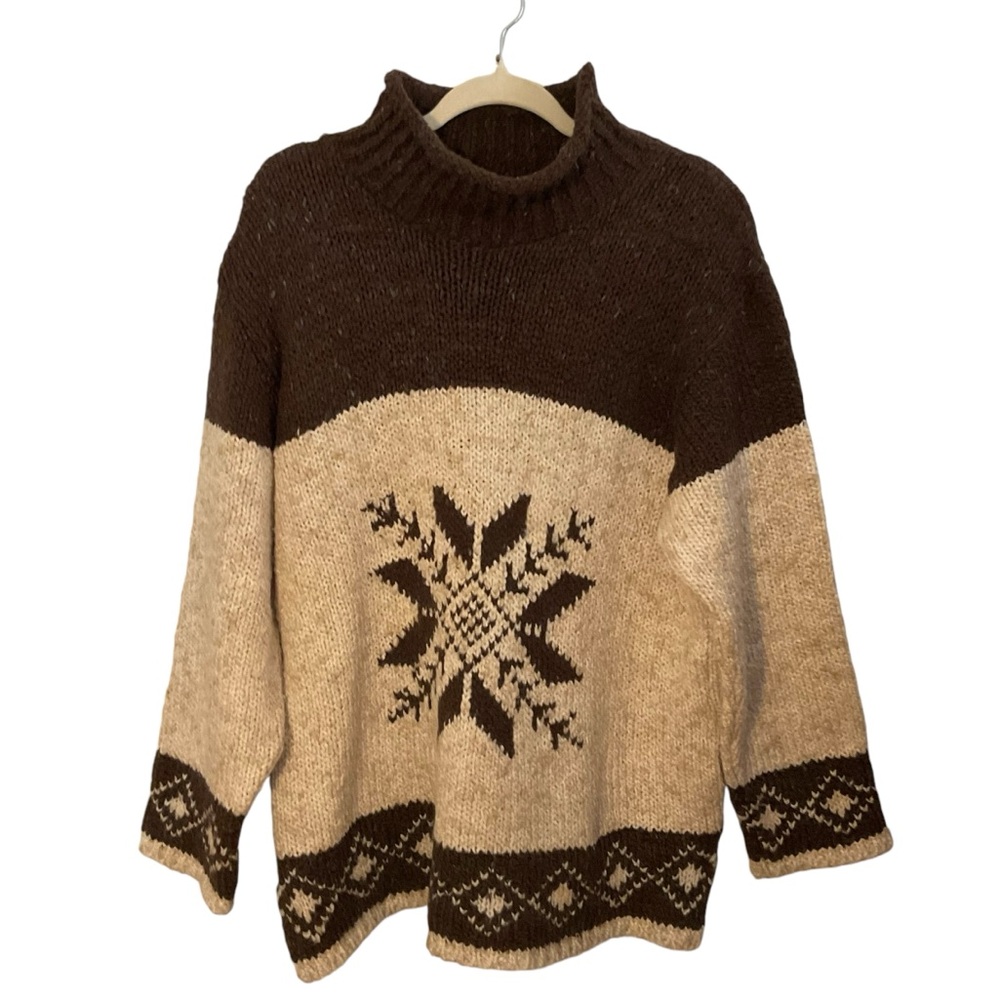 Relais Brown Snowflake Design Chunky Knit Oversized Funnel Neck Sweater Size 1